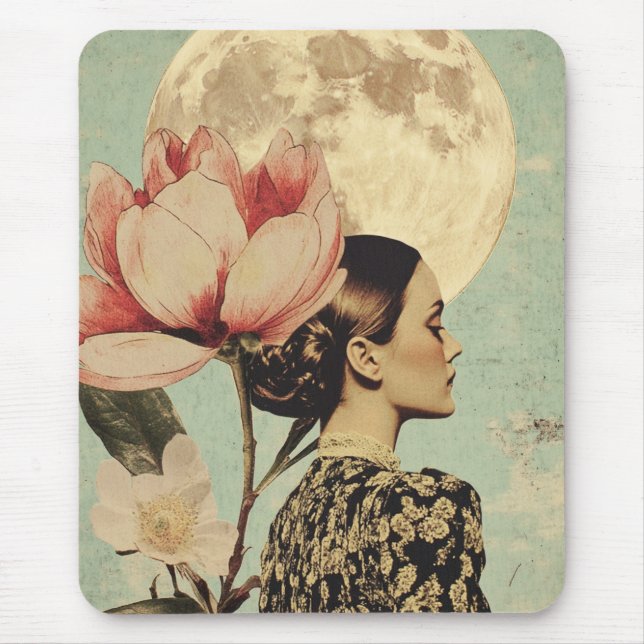 Mousepad Bela Lua - Mulher com Flor Rosa e Lua (Frente)