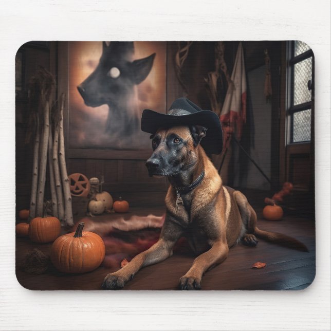 Mousepad Belga Malinois Pumpkins Halloween Scary (Frente)