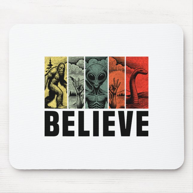 Mousepad Believe Bigfoot Alien Loch Ness Monster Funny Retr (Frente)