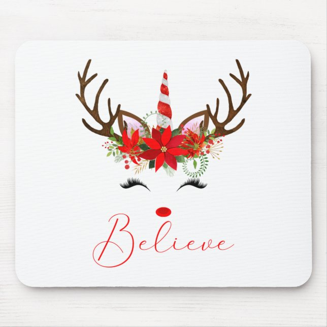 Mousepad Believe Red White Insettia Reindeer Unicorn  (Frente)