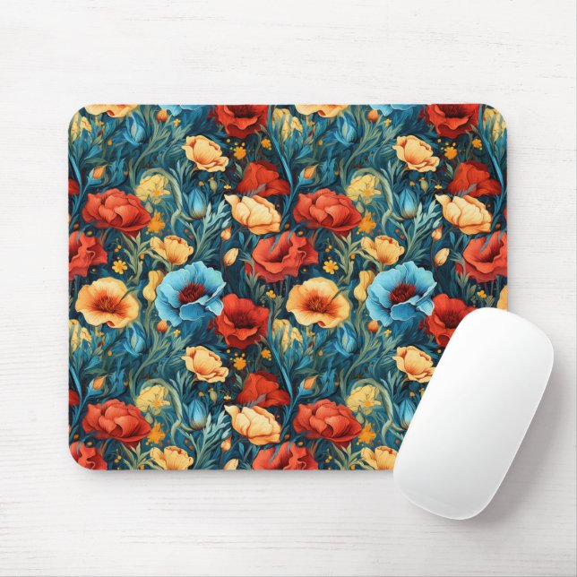 Mousepad Belo Amarelo Azul Flores Botânicas Impressão (Com mouse)