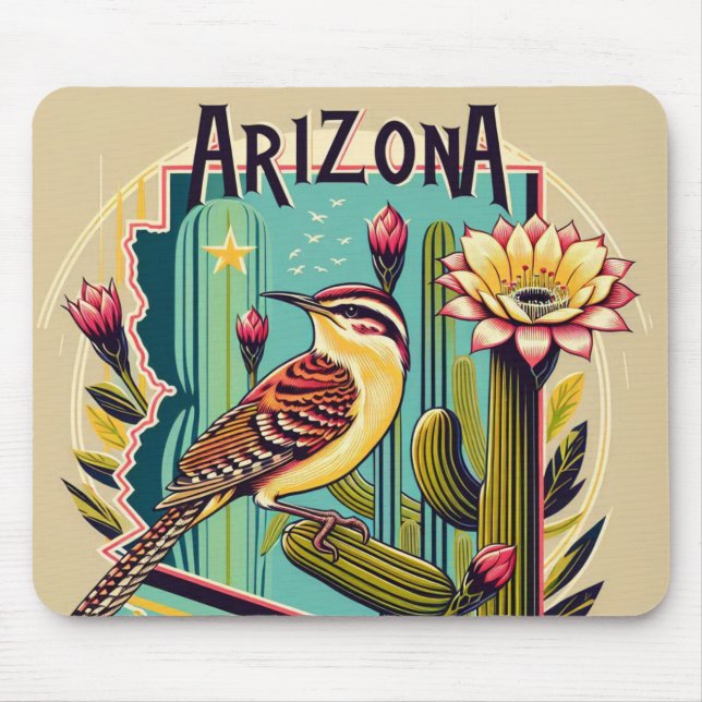 Mousepad Belo Deco de Arte de Aves e Flores Arizonas (Frente)
