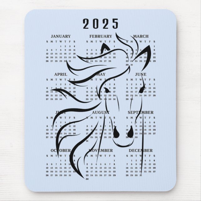 Mousepad Belo Design de Cavalo 2025 Calendário (Frente)