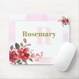 Mousepad Belo Floral Vermelho com Monograma de Borda Rosa
