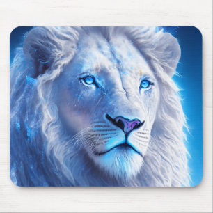 Mousepad Belo Leão Místico Branco com Olhos Azuis