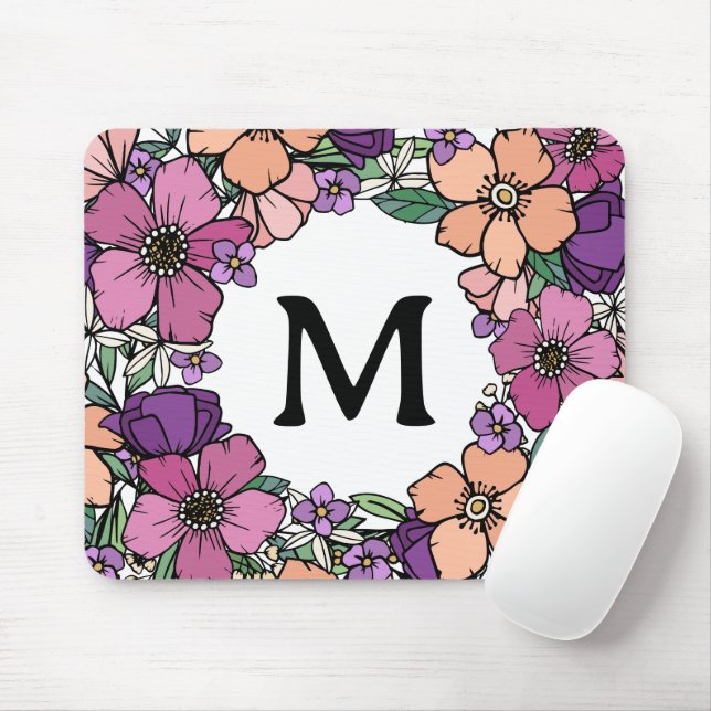 Mousepad Belo Monograma Floral Rosa Púrpura e Rosa (Com mouse)