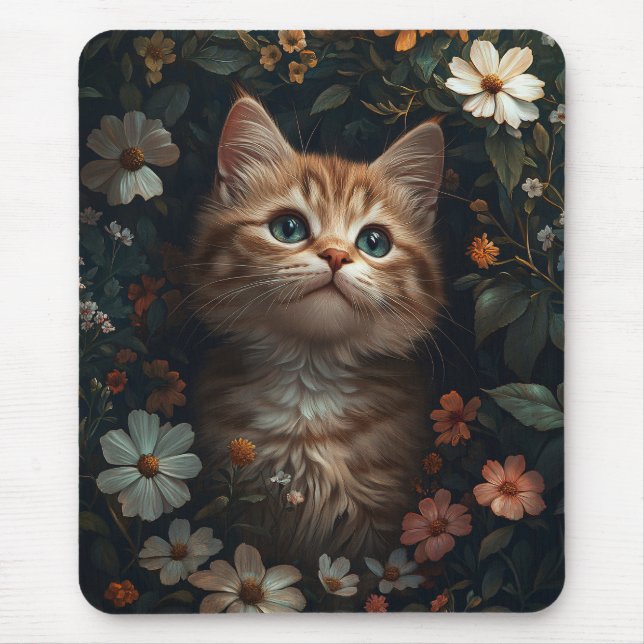 Mousepad Belo Orange Kitten com flores selvagens (Frente)