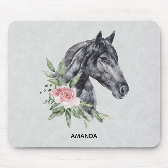 Mousepad Belo Retrato de Cabeça de Cavalo Negro Aquarela (Frente)