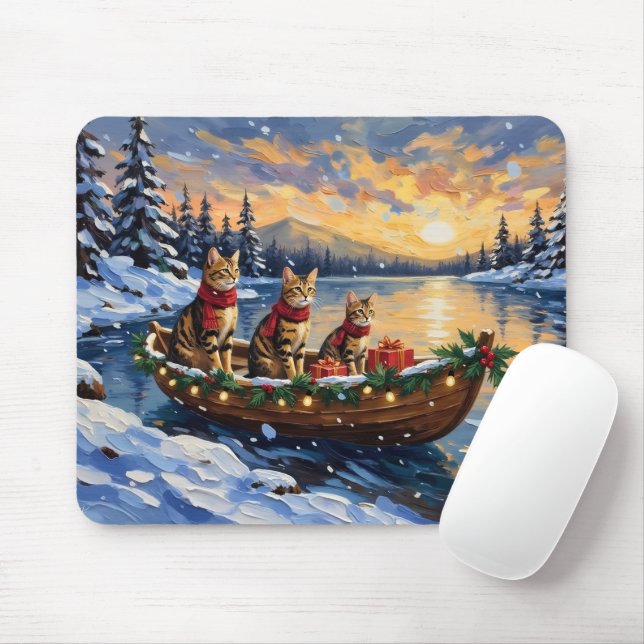 Mousepad Bengal Cat Christmas Boat Holiday (Com mouse)