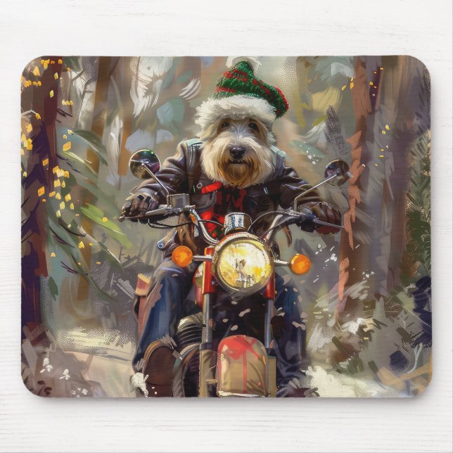 Mousepad Bernedoodle Dog Andando na Motocicleta Natal (Frente)