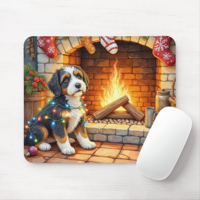 Mousepad Bernedoodle Lareira com Luzes de Natal (Com mouse)