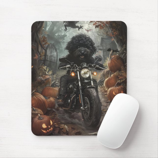 Mousepad Bernedoodle Riding Motorcycle Halloween Scary (Com mouse)
