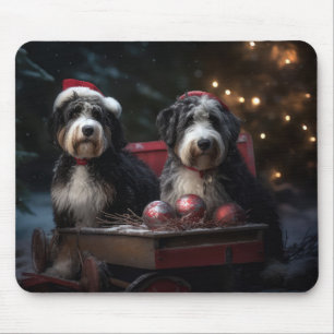 Mousepad Bernedoodle Snowy Sleigh Decência de Natal