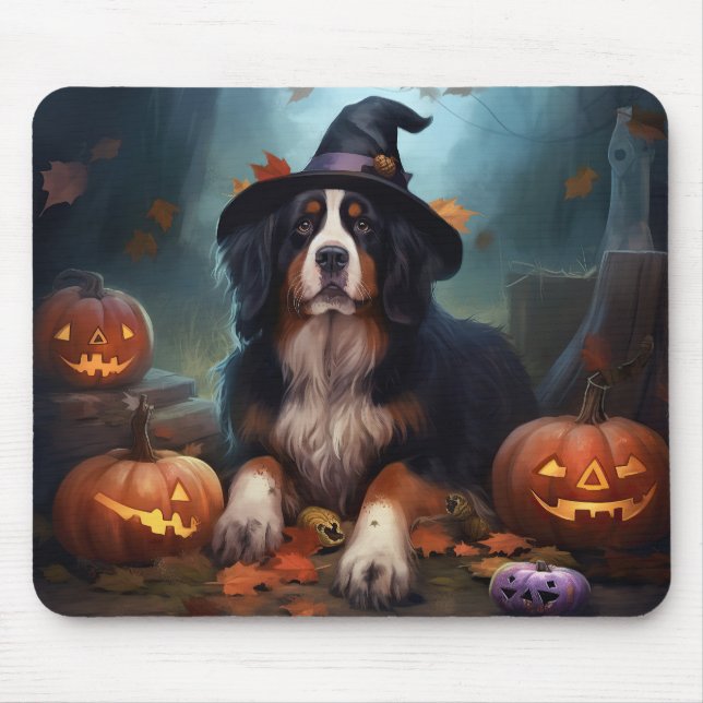 Mousepad Bernese Mountain Pumpkins Halloween Assustado (Frente)