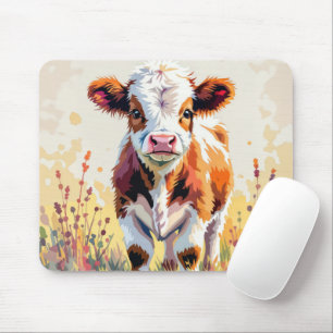 Mousepad Bezerro Aquarela Fofo em Campo com Ervas Daninhas