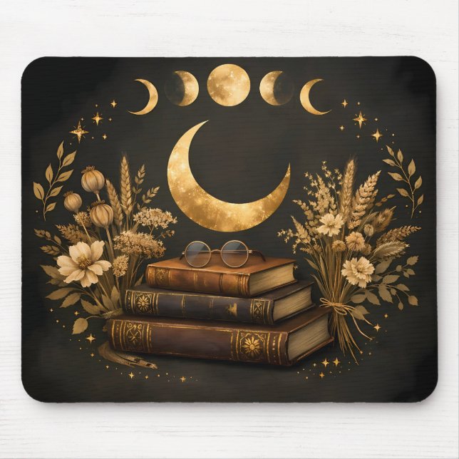 Mousepad Biblioteca Mística Dourada & Arte Boho Botânica da (Frente)