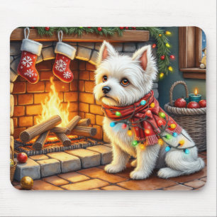 Mousepad Bichon Frise Lareira com Luzes de Natal