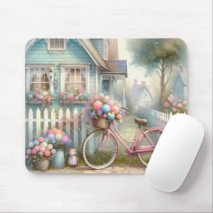 Mousepad Bicicleta de Flor Rosa no Portão da Casa Azul