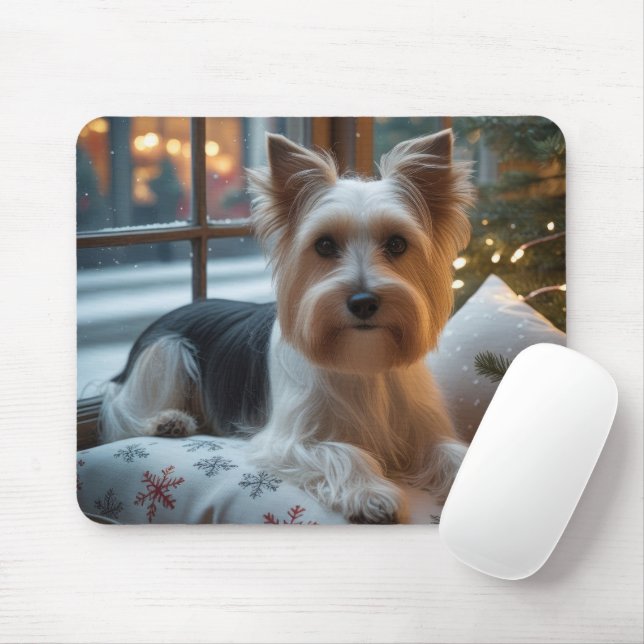 Mousepad Biewer Terrier With Christmas Lights Holiday (Com mouse)