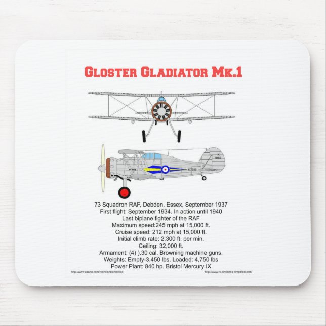 Mousepad Biplano Gloster Gladiator de 73 esquadrões RAF 193 (Frente)