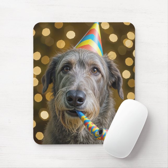 Mousepad Birthday Irish Wolfhound with Party Hat (Com mouse)