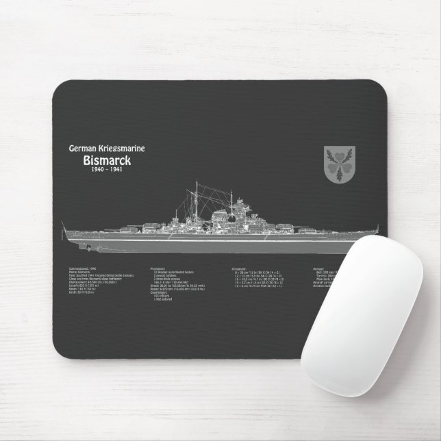 Mousepad Bismarck - Planos de Impressão Blueprint do Batalh (Com mouse)