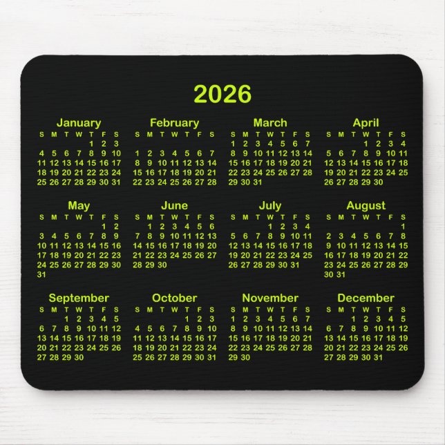 Mousepad Black and Electric Lime 2026 Calendar (Frente)