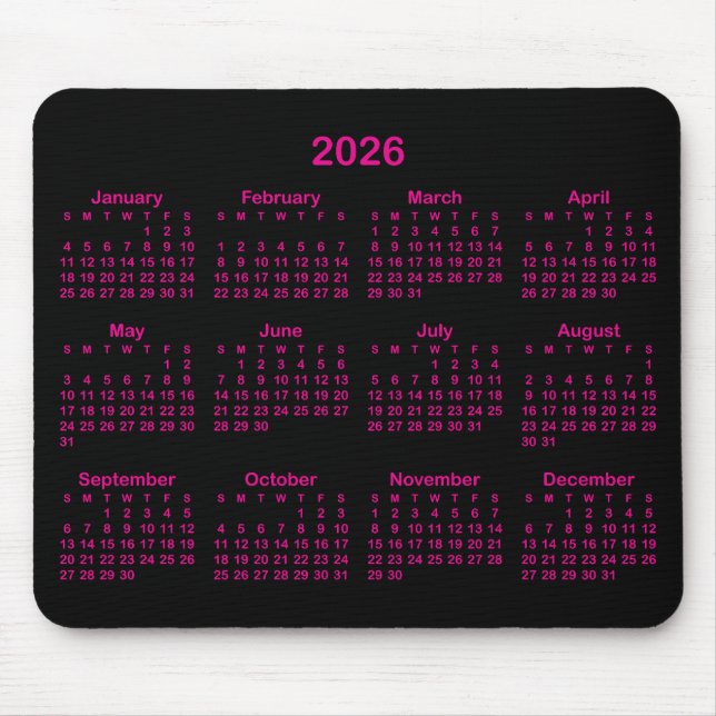 Mousepad Black and Hot Pink 2026 Calendar (Frente)