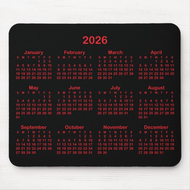 Mousepad Black and Red 2026 Calendar (Frente)