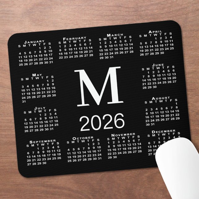 Mousepad Black and White Monogram 2026 Calendar (Black and White Monogram 2026 Calendar Mouse Pad, in situ)