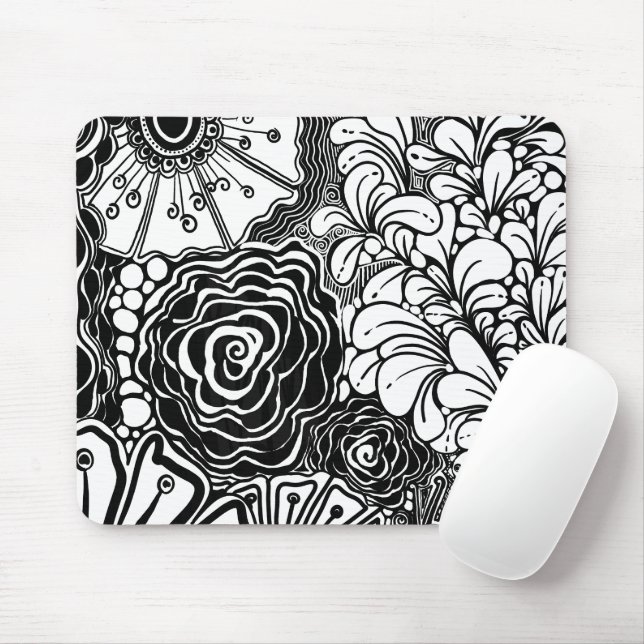 Mousepad Black And White Zen Floral Patterned Drawing (Com mouse)