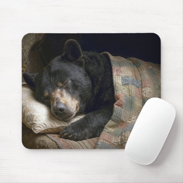 Mousepad Black Bear Sleeping Under a Quilt (Com mouse)