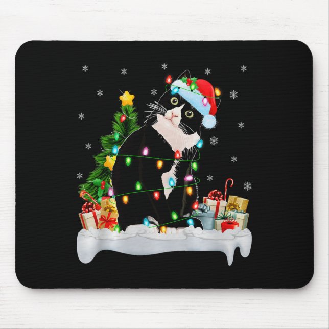 Mousepad Black Cat Christmas Lights Santa Hat Black Cat Lov (Frente)