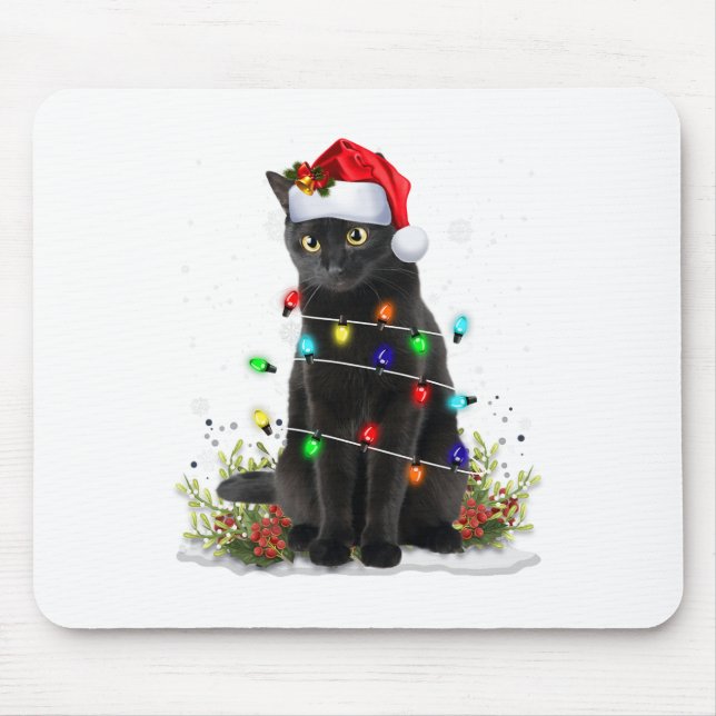 Mousepad Black Cat Christmas Santa Hat Funny Meowy Cats Wom (Frente)