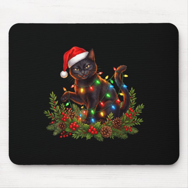 Mousepad Black Cat Christmas Santa Hat Funny Meowy Cats Wom (Frente)