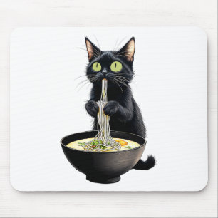 Mousepad Black Cat Eating Ramen Noodles Japonês Comida