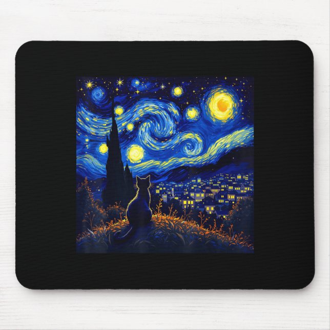 Mousepad Black Cat Funny Cat Lover Mom Daddy Starry Night V (Frente)