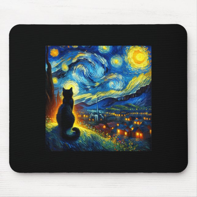 Mousepad Black Cat Funny Cat Lover Mom Daddy Starry Night V (Frente)