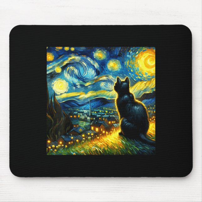 Mousepad Black Cat Funny Cat Lover Mom Daddy Starry Night V (Frente)