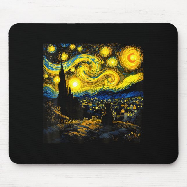 Mousepad Black Cat Funny Cat Lover Mom Daddy Starry Night V (Frente)
