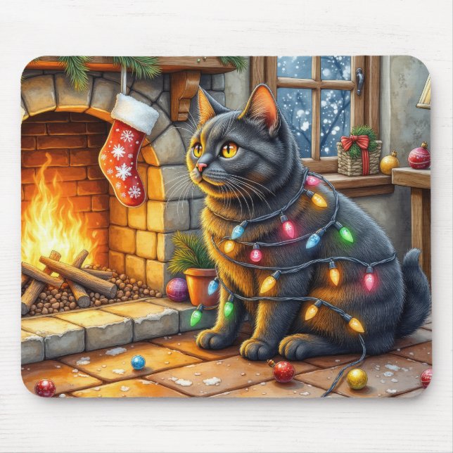 Mousepad Black Cat Sitting Fireplace with Christmas Lights (Frente)