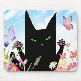 Mousepad Black Cat Spring Fever: Kitty and Flowers