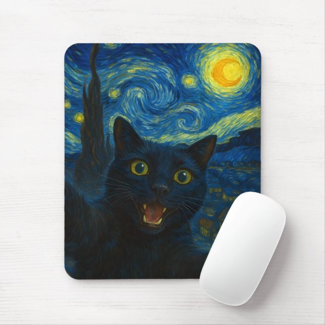Mousepad Black Cat Starry Night Van Gogh Cat Selfie (Com mouse)