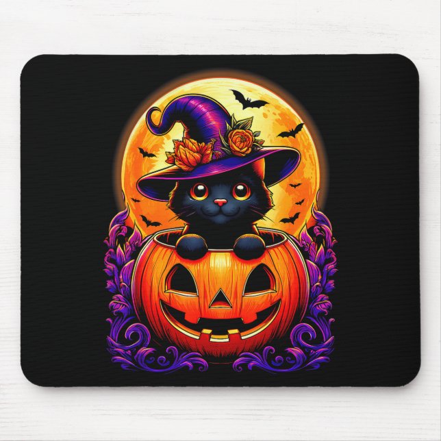 Mousepad Black Cat Witch Hat Pumpkin Funny Halloween Men Wo (Frente)