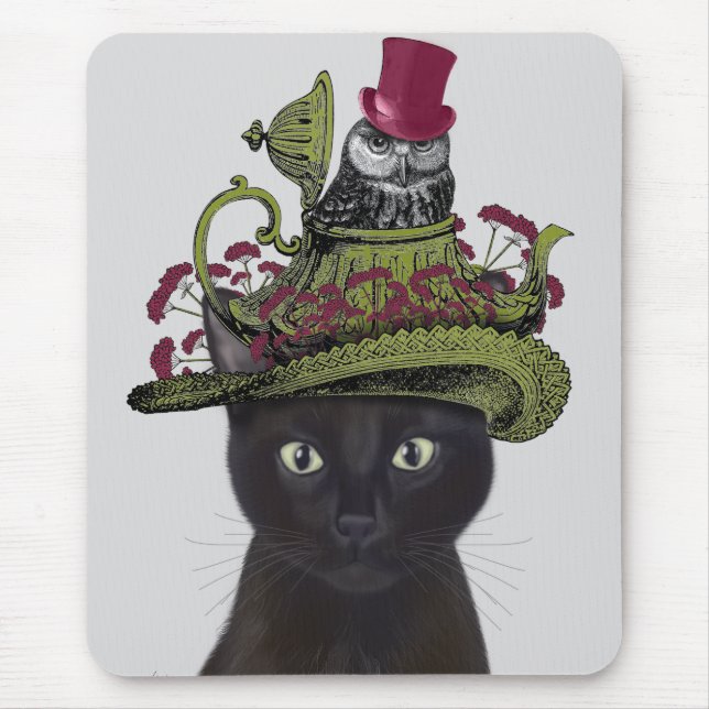 Mousepad Black Cat with Teapot and Owl (Frente)