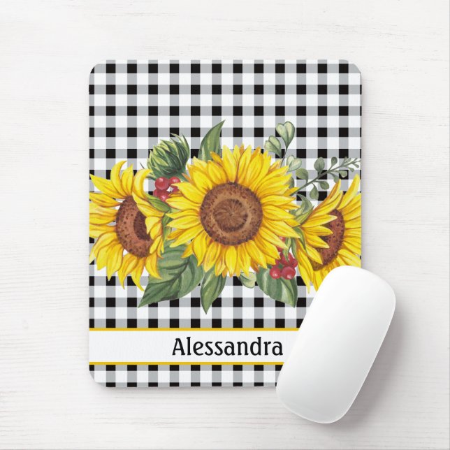 Mousepad Black Gingham Sunflower Personalizado (Com mouse)