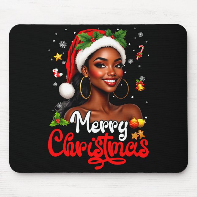Mousepad Black Girl Santa Hat Merry Christmas Pajama Africa (Frente)