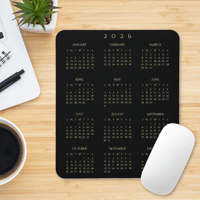 Mousepad Black Gold 2026 Full Year Calendar Home Office (Black Gold 2026 Full Year Calendar Home Office Mouse Pad)