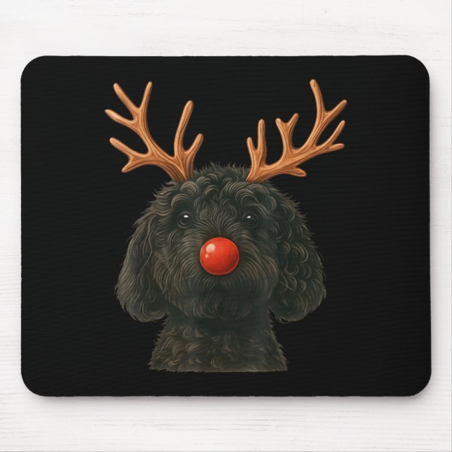 Mousepad Black Goldendoodle Christmas Lights Santa Hat Blac (Frente)