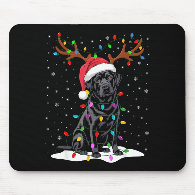 Mousepad Black Labrador Santa Hat Reindeer Tree Lights Chri (Frente)